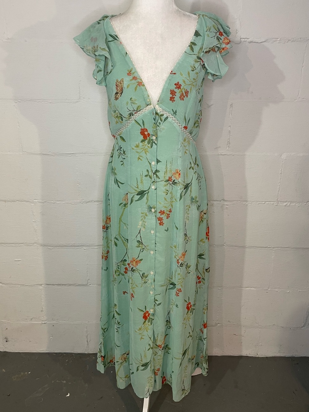 Kimchi Blue Seafoam Green Floral Maxi Dress with Ruffle Sleeves